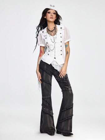 Grunge Punk Top da donna stile steampunk militare marinaio con doppio petto, in tessuto a rete e patchwork