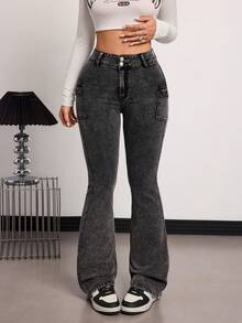 SHEIN Tall Quần jeans ống loe cạp cao có túi, kiểu dáng thường ngày, đa năng dành cho nữ, mùa xuân/hè. - màu đen - Xem 7