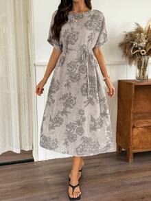 Vivie Lora 女士印花圆领蝙蝠袖中长连衣裙，度假风 - 綠色 - 查看 5