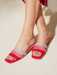 CUCCOO BASICS Woman Shoes Square Toe Flat Colorblock Knit Detail Slide Sandals For Summer Vacation Shoes Summer Back To School Shoes College Student Shoes Spring Shoes Spring Break Easter Valentine's Day - Multicolor 1 - View 5