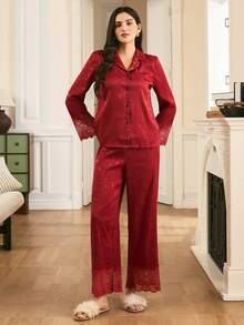 Moireta Women's Elegant Romantic Lace Patchwork Silk Lapel Button-Front Comfortable Floral Jacquard Satin Pajama Set - Burgundy - View 5
