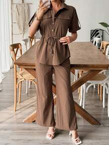 EMERY ROSE 女士抽绳短袖衬衫和休闲修身裤两件套 - 咖啡棕 - 查看 4