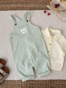 SHEIN Quần áo trẻ sơ sinh unisex, áo liền quần họa tiết gấu hoạt hình kẻ caro xanh lá cây dễ thương, đa năng cho bé trai/bé gái. - Nhiều màu - Xem 11