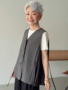 FRIFUL Women's Solid Color Tie-Up Bow Sleeveless Pleated Loose Casual Versatile Tank Top, Spring/Summer - Grey - View 6