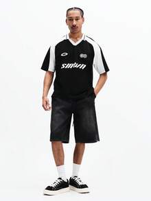SUMWON Men's V-Neck Short Sleeve Soccer Jersey Style Polo Shirt With Color Block Panel Design Casual - Black - View 3
