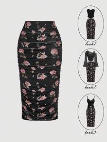 SHEIN MOD Fustă midi vintage neagră cu imprimeu, pliuri – perfectă pentru vacanță, întâlniri, picnic, petrecere, bal, festival și ziua de naștere; stil vintage romantic. - Negru - Vizualizare 1