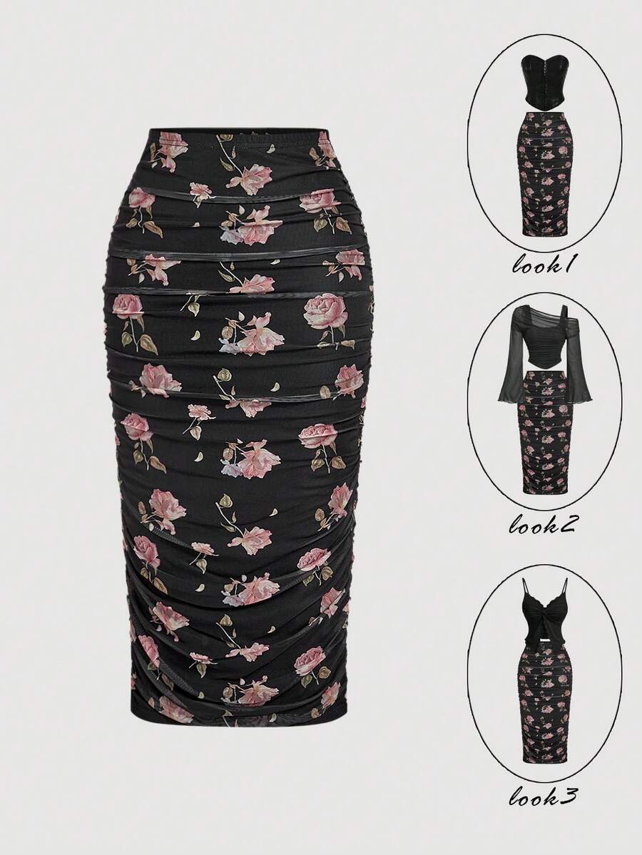 SHEIN MOD Fustă midi vintage neagră cu imprimeu, pliuri – perfectă pentru vacanță, întâlniri, picnic, petrecere, bal, festival și ziua de naștere; stil vintage romantic. - Negru - Vizualizare 1