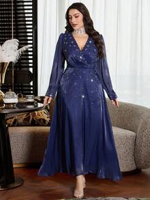 Modelyn 大码女式优雅束腰水钻装饰简约连衣裙 - 寶藍色 - 查看 4