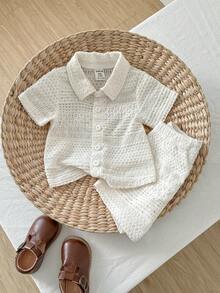Playful Pals 2pcs Baby Boys Polo Collar Short Sleeve Jacquard Knit Beige Button-Up Top + Elastic Waist Shorts Casual Outfit, Suitable For Summer Outings Or Everyday Wear - Beige - View 4