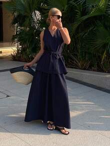 DAZY Bộ đồ nữ thường ngày gồm áo không tay và quần dài màu trơn, thích hợp cho mùa hè. - Màu xanh hải quân - Xem 6