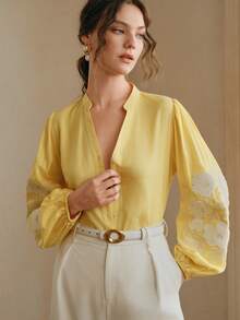 Anewsta Women's Embroidered Blouse, Fresh And Elegant , Delicate Embroidery, V-Neck Lantern Sleeve, Loose And Slimming Long Sleeve Top - Yellow - View 6
