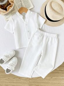 SHEIN Playful Pals 2件套男婴休闲舒适纹理面料宽松高领前开襟短袖衬衫和长裤，适合春、夏、秋季、外出、度假、日常生活、旅行、假日穿着。 - 白色 - 查看 4