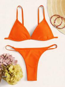 Swim Vcay Solid Color Triangle Cup Bikini Set, Vacation & Beach - Orange - View 3