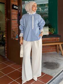 DAZY Lace Patchwork Striped Women's Vacation Shirt - Blue - View 5