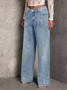 SHEIN BAE Women's Fashionable Rhinestone Embellished Loose Pocket Jeans - Light Wash - View 3