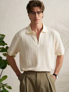 Airaco Men's Solid Color Textured Collar Short Sleeve Casual Versatile T-Shirt - Beige - View 5