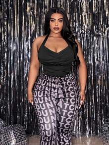 Slaydiva Bodysuit Rajut Hitam Kasual Tanpa Lengan Model Halter Neck Ukuran Plus dengan Detail Lipatan - Hitam - View 10