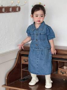 DAZY 2件套女婴休闲韩版水洗牛仔翻领上衣和牛仔裙套装 - 中等水洗藍 - 查看 5