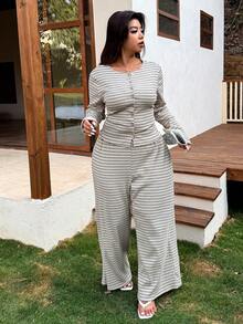 SHEIN EZwear 大码条纹上衣和裤子两件套，适合春秋季休闲穿着 - 彩色 - 查看 5