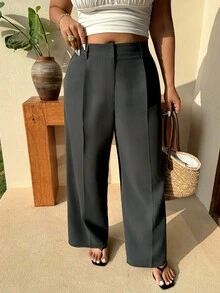 SHEIN EZwear 大码休闲褶裥阔腿裤，春夏款 - 深灰色 - 查看 3