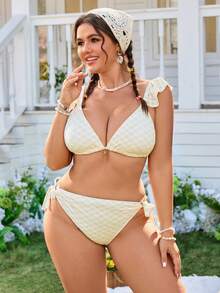Swim Mod Große Größen Damen Sommer Strand karierter Patchwork Rüschen Sexy Bikini Bademode - Gelb - Übersicht 3