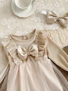 SHEIN Đầm dự tiệc bằng vải lưới trang trí nơ thanh lịch cho bé gái - Màu be - Xem 5