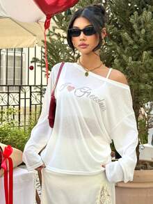 Muchica Women's White Asymmetrical Shoulder Rhinestone Embellished Long Sleeve T-Shirt For Going Out Outfits, Streetwear, Y2K Clothes, Valentine's Day,Spring Outfits Off Shoulder Tee - White - View 3