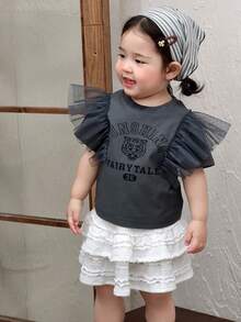 DAZY Toddler Girls' Round Neck Ruffle Trim Mesh Casual Short Sleeve Letter Print T-Shirt - Grey - View 6