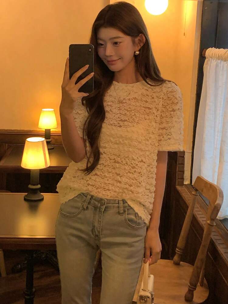Women's Casual Textured Round Neck Short Sleeve Blouse, Korean Style For Spring/Summer