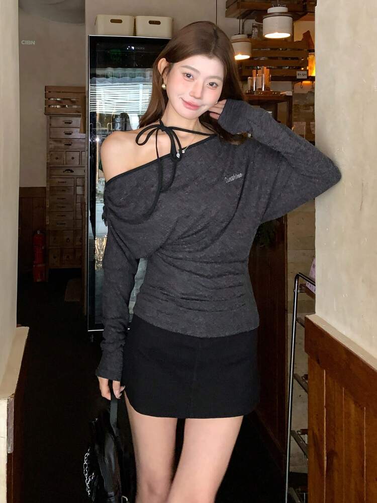 Women's Casual Asymmetric Collar Batwing Sleeve T-Shirt, Spring/Autumn