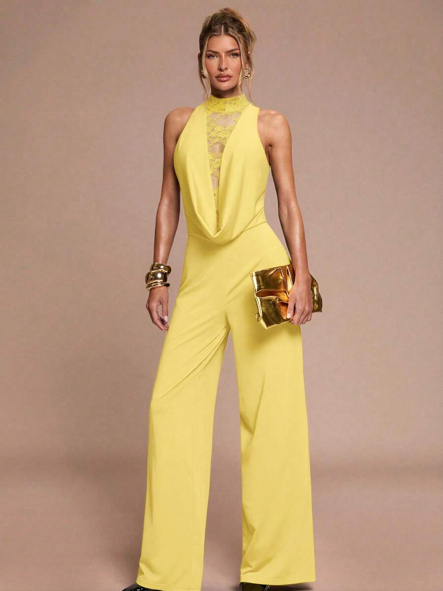 SHEIN BAE Women's Elegant Contrast Lace Halter Jumpsuit, Autumn - Yellow - View 1