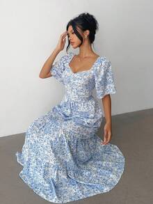 Selianne Summer Short Sleeve Vacation Beach Music Festival Pink Floral Dress - Baby Blue - View 5