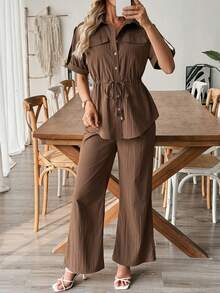 EMERY ROSE 女士抽绳短袖衬衫和休闲修身裤两件套 - 咖啡棕 - 查看 1