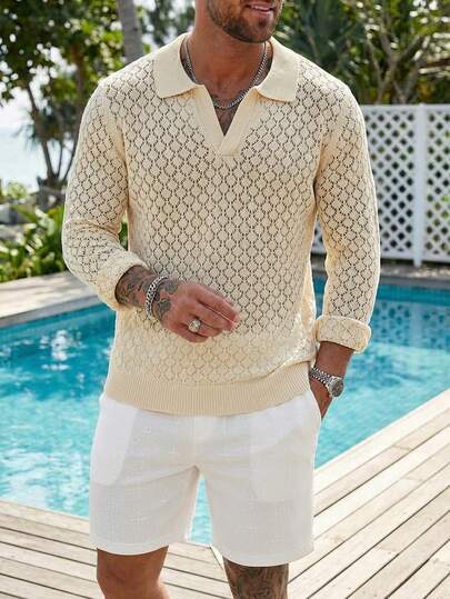 Manfinity Homme Men's Fashionable Casual Long Sleeve Collared Sweater Crochet Mesh Knit Shirt Jersey Crochet Sweater Beige Men Polo Sweater Cream,Summer