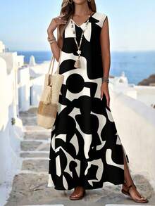 EMERY ROSE Đầm nữ cổ chữ V họa tiết hình học, thích hợp cho mọi mùa, đầm hè cho nữ, đầm đi nghỉ mát, đầm đen, đầm thường ngày. - Nhiều màu - Xem 6