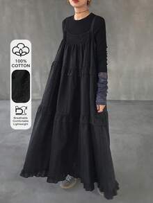 FRIFUL 女士纯色100%棉吊带褶皱荷叶边宽松休闲连衣裙长裙 - 黑色 - 查看 1