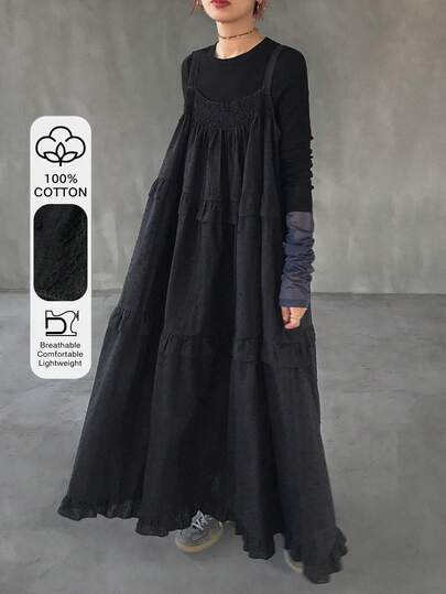 FRIFUL 女士纯色100%棉吊带褶皱荷叶边宽松休闲连衣裙