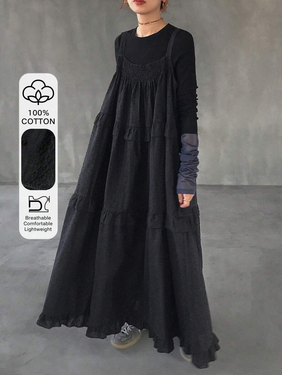 FRIFUL 女士纯色100%棉吊带褶皱荷叶边宽松休闲连衣裙长裙 - 黑色 - 查看 1