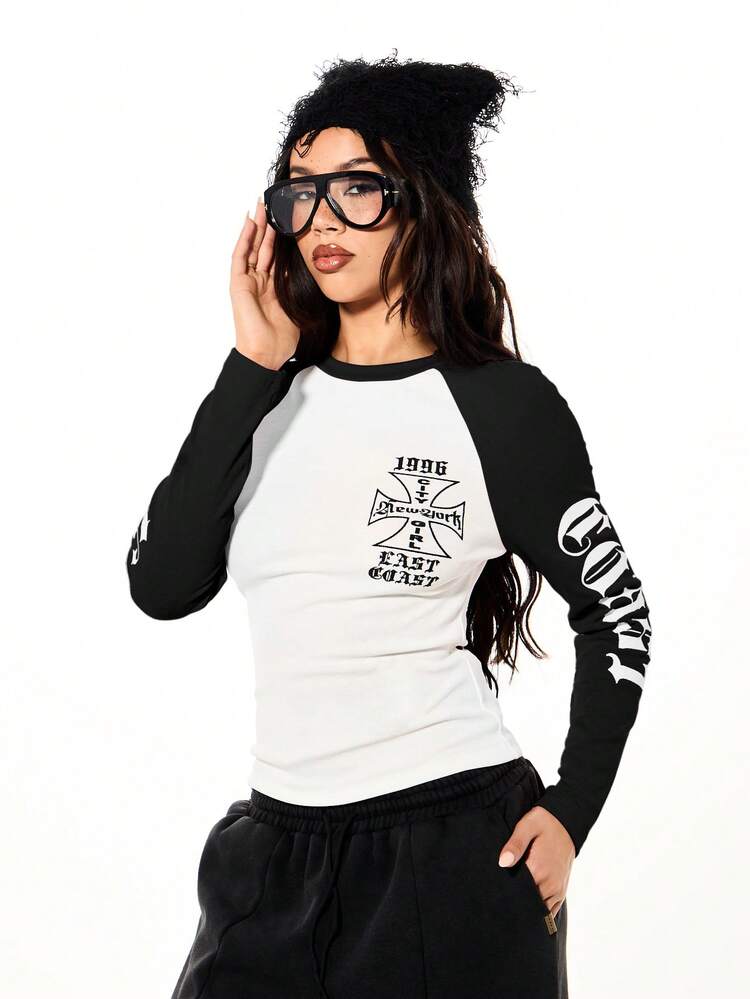 SUMWON WOMEN Raglan Long Sleeve Graphic Tee With Cross