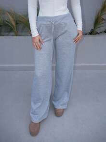 Vassilux 舒适休闲纯色针织低腰阔腿女式运动裤 - 灰色 - 查看 5