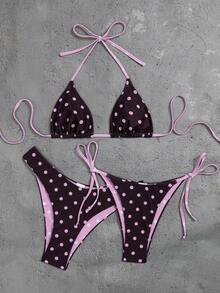 Swim Mod Women's Summer Beach 2 Pieces Polka Dot Random Print Tie Strap Triangle Cup Matching Reversible Triangle Bottoms Sexy Bikini Set - Multicolor - View 3