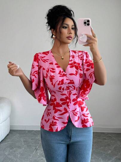 EMERY ROSE Women's Solid Color Floral V-Neck Button Decor Waist Fit A-Line Fish Tail Hem Flare Sleeve Elastic Waist Adjustable Short Sleeve Blouse, Elegant Vintage French Romantic Minimalist Office Commute Business Casual Beach Holiday Street Casual Afternoon Tea Home Comfortable Daily Elegant Countryside Bohemian Spring/Summer New
