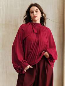 Anewsta 女士酒红色褶裥单肩蝴蝶结袖口喇叭袖休闲加大码衬衫，优雅百搭 - 酒紅色 - 查看 4