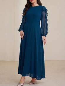 Modelyn Long Round Neck Ruffle Sleeve Black Dress - Blue - View 4