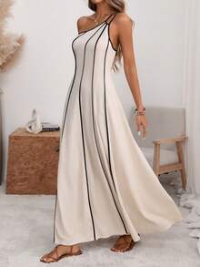 Wandoria 女士纯色亚麻抽绳吊带连衣裙，可调节双肩带，A字裙摆，无袖，可调节腰围，露背，中长款，优雅法式复古浪漫简约风格，适合办公室、通勤、商务、休闲、海滩、度假、春夏等场合。 - 杏色 - 查看 4