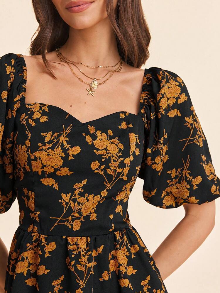 Floral Print Sweetheart Neck Puff Sleeve Summer Dress - Multicolor - View 5