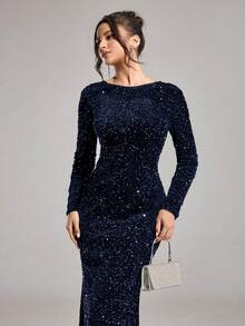 Coutiva Women's Sequin Solid Color Backless Twist Fitted Elegant Long Sleeve Formal Evening Gown,Blue Sparkly Mermaid Banquet Dress For Wedding,Party & Ball - Navy Blue - View 4