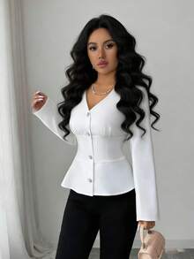 Elenzga Women's V-Neck Long Sleeve Blouse, Slimming Silhouette, Casual Office Wear, White, Suitable For Autumn, Winter, Spring - White - View 7