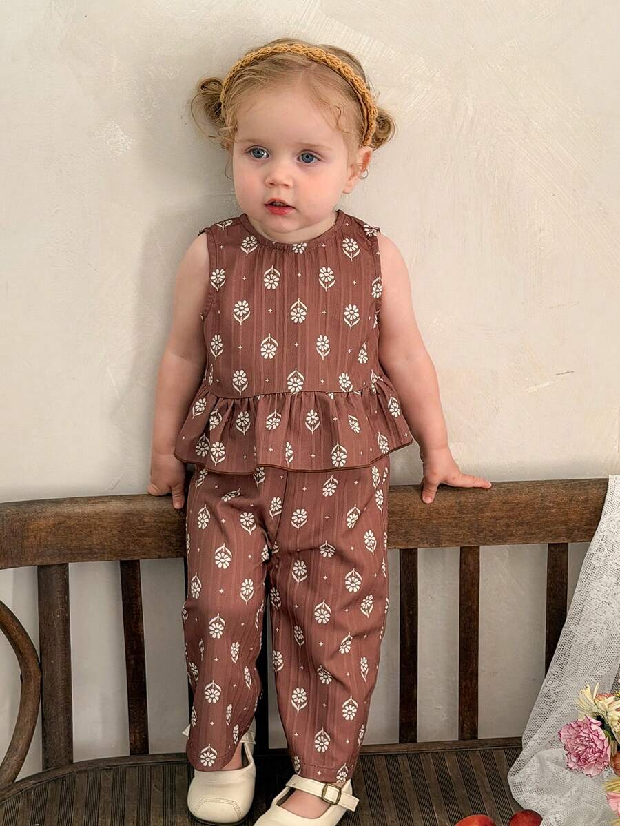 LMoss Kids 2件套女婴碎花无袖休闲上衣和打底裤套装 - 彩色 - 查看 1