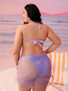 Swim Vcay 新款加大码女式三件套比基尼，紫色网纱，三角上衣，系带下装，网纱迷你裙，泳衣 - 紫色 - 查看 2